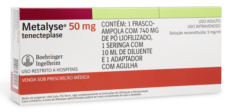 Apresentação farmacêutica do tenecteplase: caixa com rótulo constando o nome comercial (Metalyse), dose de 50 mg e avisos de segurança.